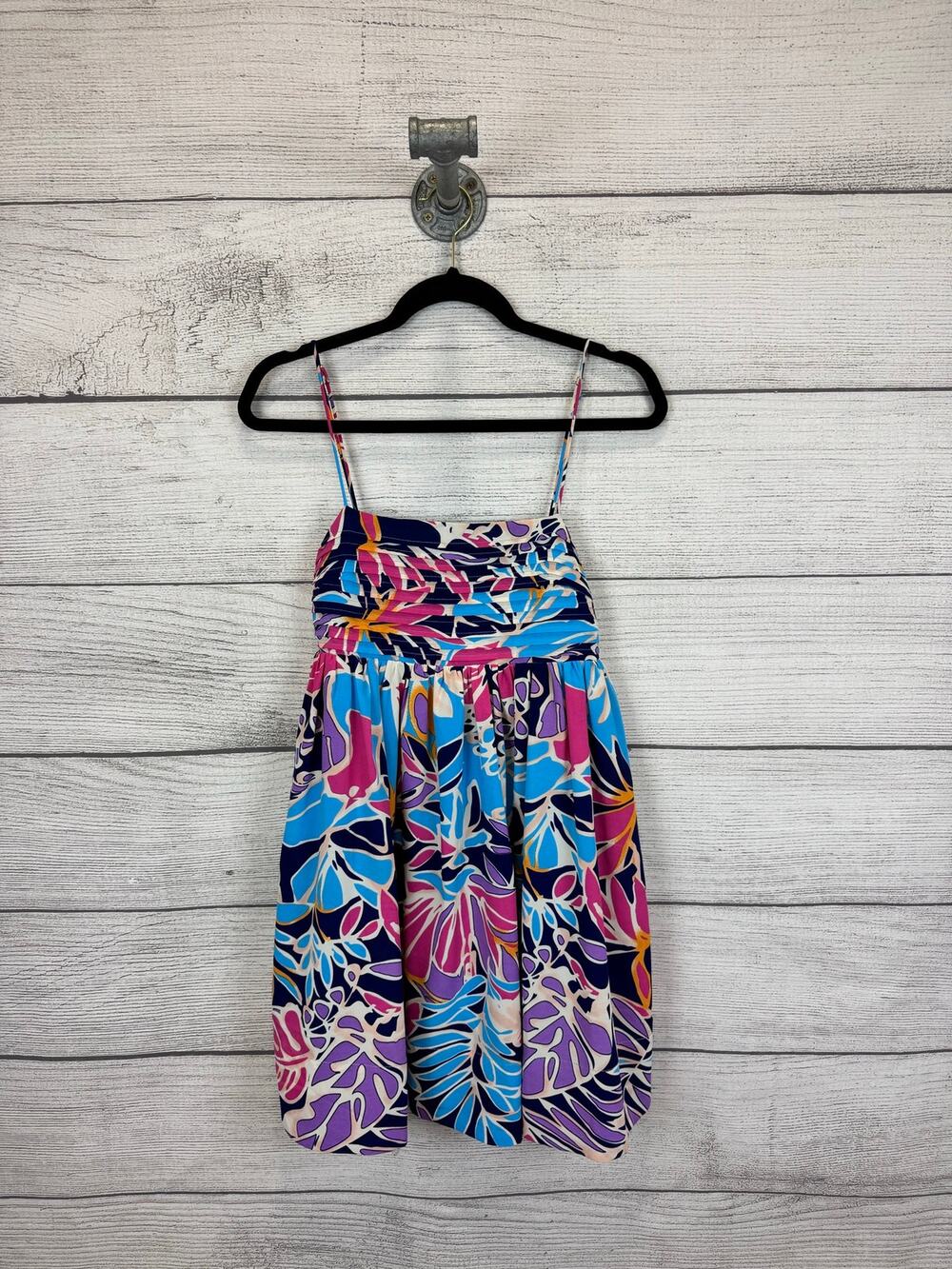 L Love Women's Blue Pink Leaf Summer Printed Sleeveless Mini Dress Size Small